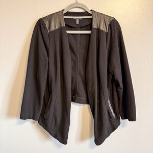 Eileen Fisher Black Open Front Jacket Leather Shoulder Trim Size Large